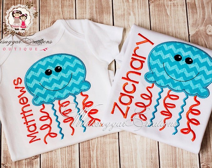 Boy Jelly Fish Shirt - Custom Shirt - Baby Boy Embroidered Shirt - Summer Jelly Fish Shirt