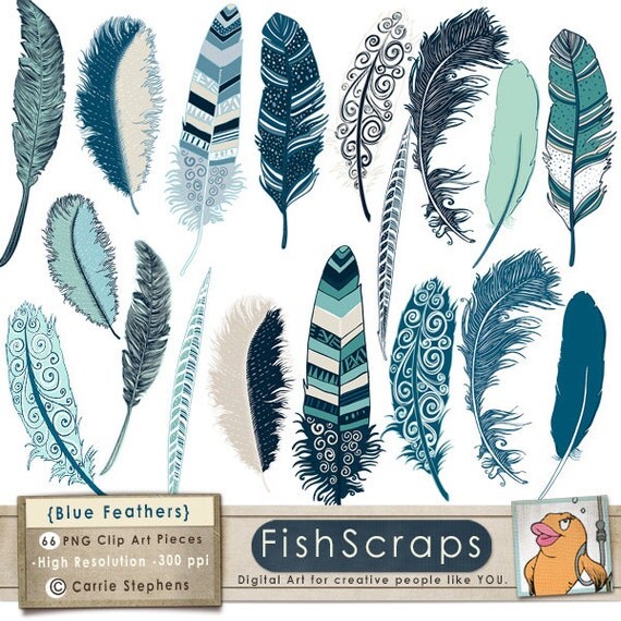 50% Sale - Ocean Blue Feather Clip Art - Indigo Summer - Digital ClipArt - Feather Illustration - Digital - Navy, Turqoise Il_570xn