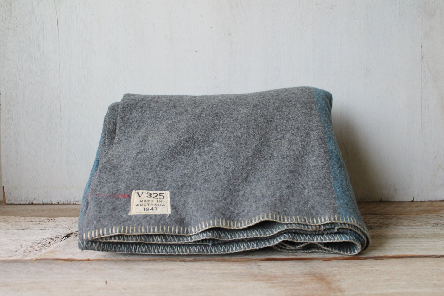Vintage 1943 WWII Gray Blue Military V325 Wool Blanket