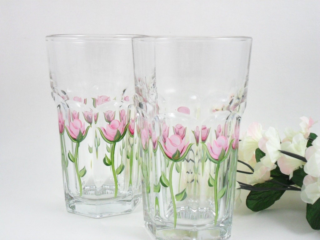 Juice Glasses Hand Painted Pink Rose Buds Set of 2