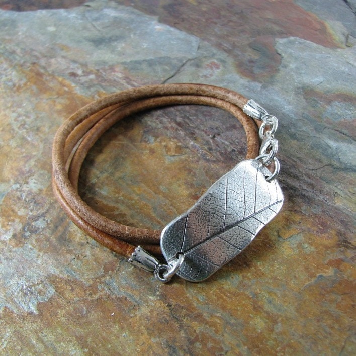 Triple Wrap Leather Bracelet with Silver Leaf Print Link