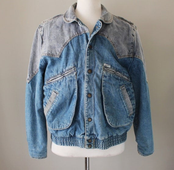 80s vintage Guess denim bomber jacket two-tone new wave