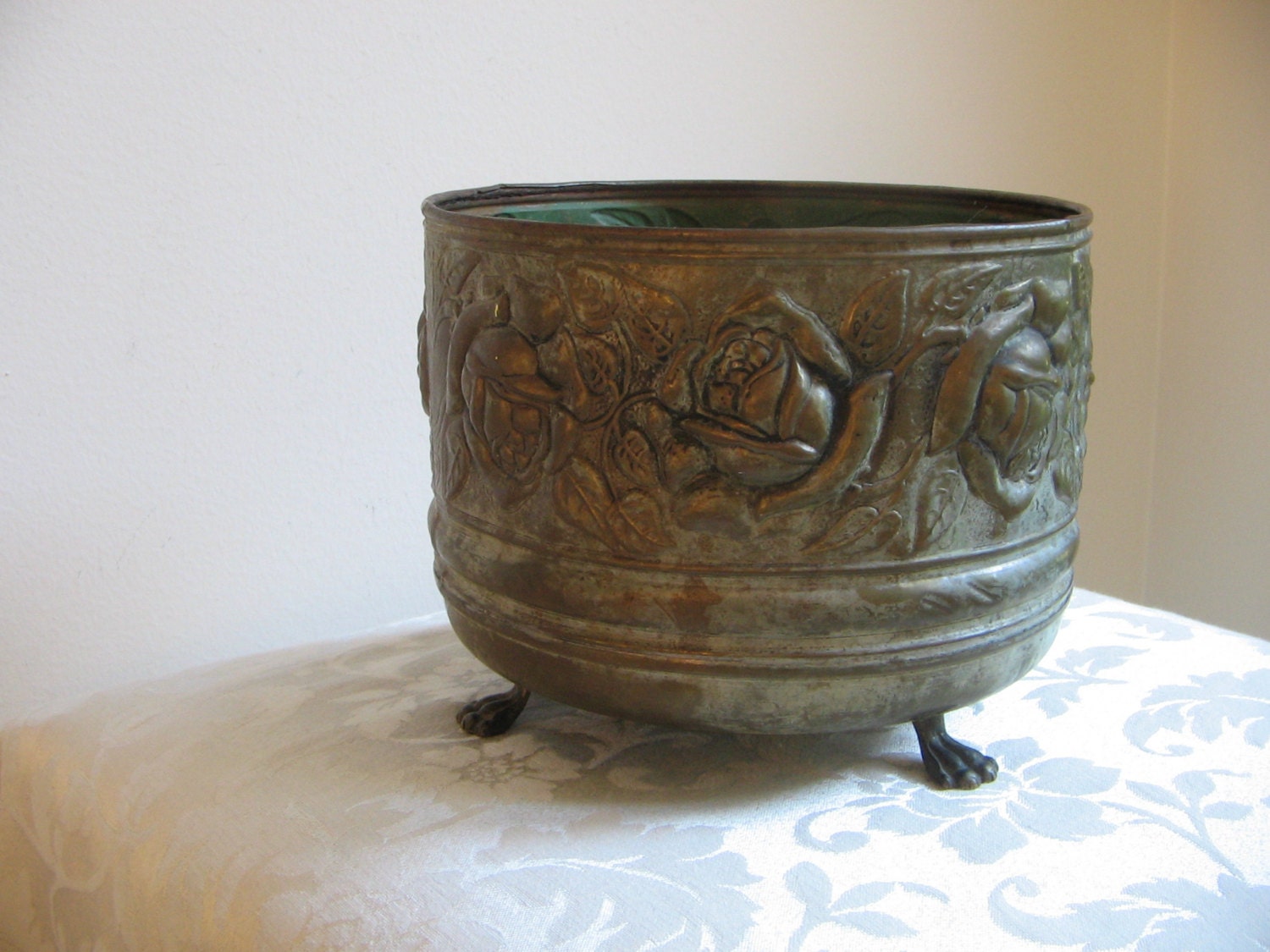 Vintage Brass Planter Metal Footed Embossed by vintagenowandthen