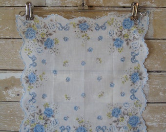 Vintage Hankie or Handkerchief Blues Scallopped Edge Lovely