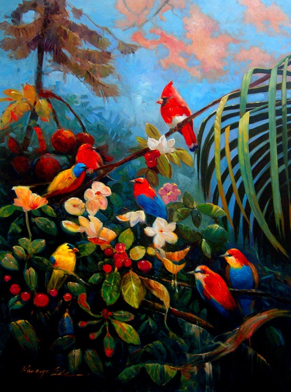 Large Colorful Tropical Birds Original Oil Painting by Kanayoart