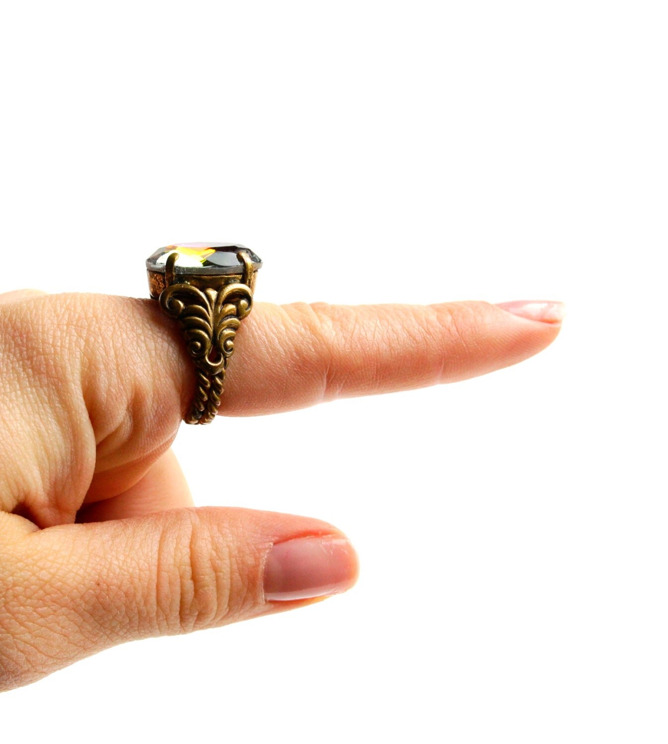 Vintage Brass Rainbow Crystal Ring Adjustable German