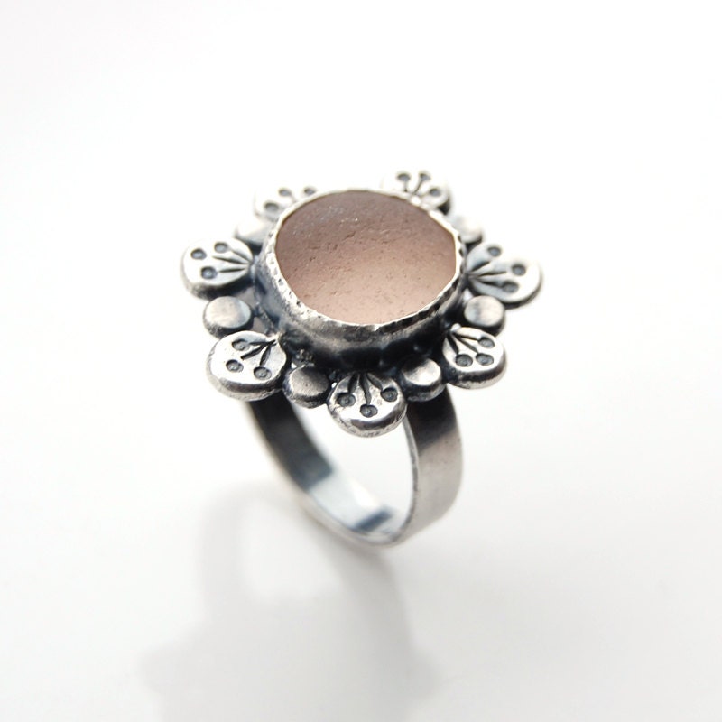 Genuine Pink English Sea Glass Flower Ring Sterling Silver