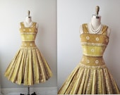 50s Dress // Vintage 1950s Mustard Abstract Print Cotton Mad Men Casual Summer Day Dress S