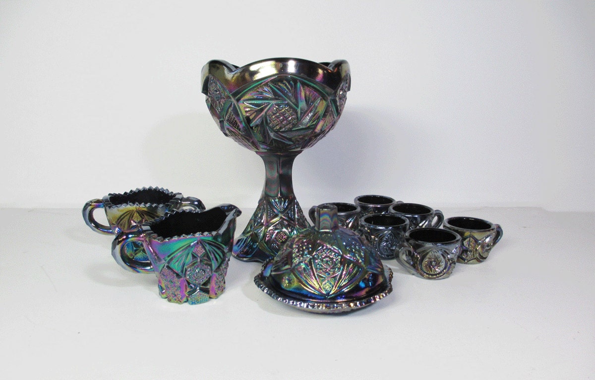 Vintage Miniature Carnival Glass Punch Bowl Set 10 Pieces