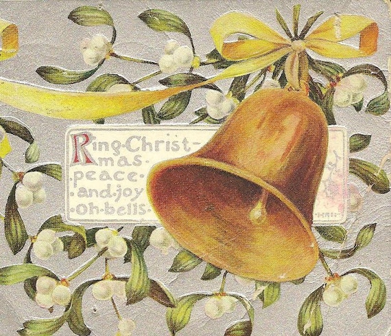 Golden Bell and Mistletoe on Vintage Arthur Capper Christmas Postcard