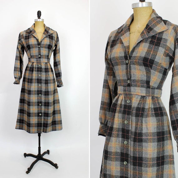 1950s plaid wool shirtdress XS