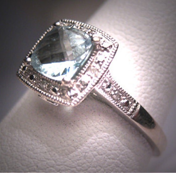 Vintage Aquamarine Wedding Ring Diamond Art Deco