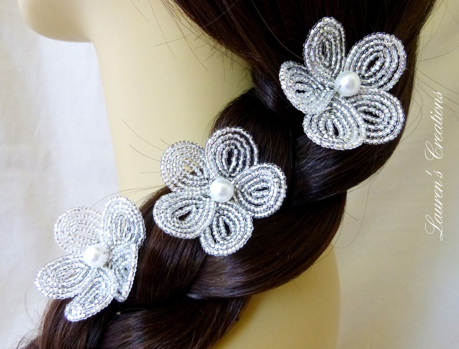 French Beaded Flower Hair Pins wedding by LaurenHCreations on Etsy