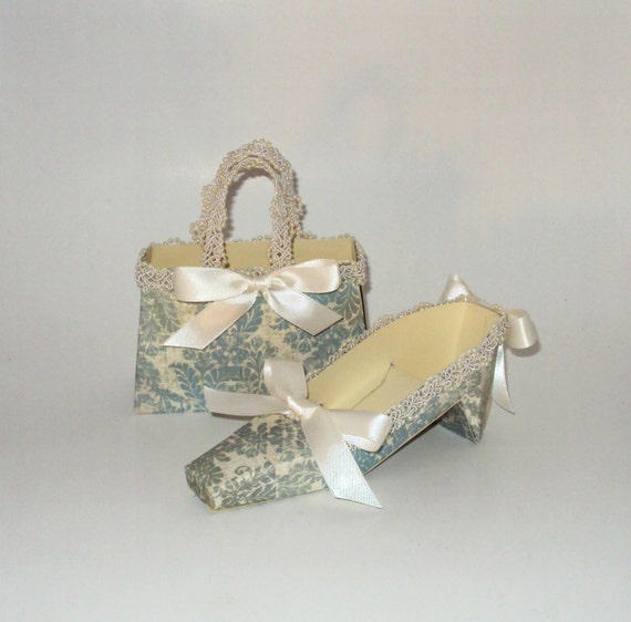 Paper Shoe and Paper Purse Antique Blue Damask Gift Boxes