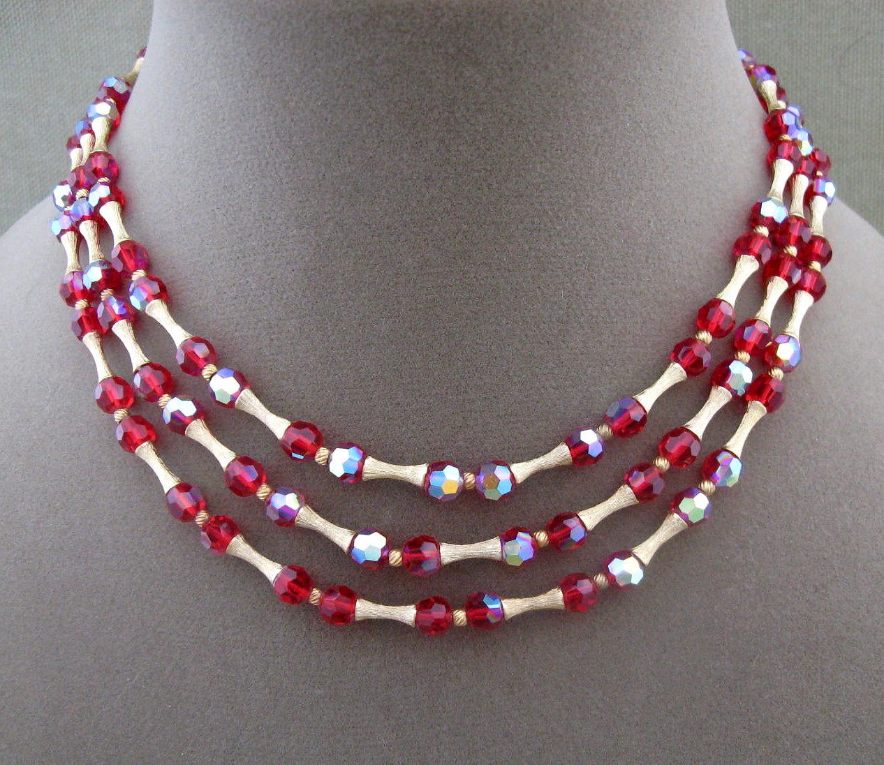 Crown Trifari Red Crystal Triple Strand Necklace, designer signed