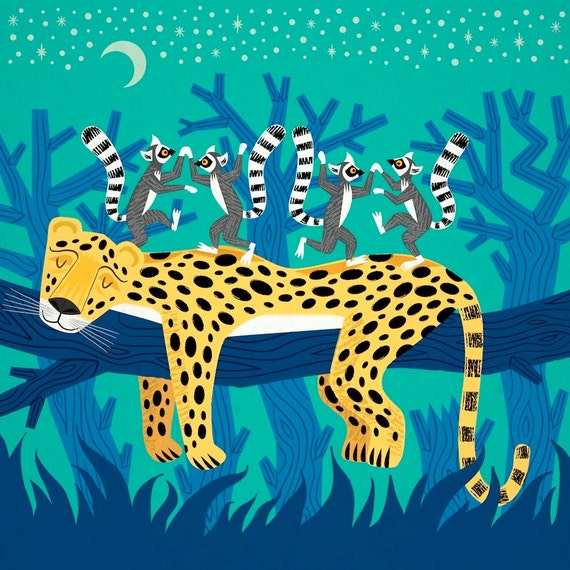 The Leopard and The Lemurs - Children's Animal Art - Limited Edition Print by Oliver Lake - iOTA iLLUSTRATION