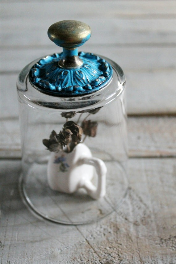 Glass Cloche with Vintage Brass with Turquoise Knob