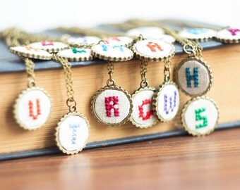 Initial necklace, Personalized, hand embroidered, Bridesmaids jewelry, initial jewelry, custom color i001