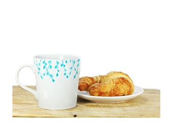 Hand Painted Ceramic Mug Tea Cup With turquoise botanical design Minimalist modern white coffee cup Decorative Ceramic Art