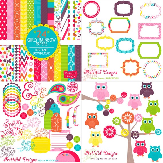 25% OFF Sale Digital Scrapbook Kit with Papers, Frames, Owls and Clip Art - Girly Rainbow (567) (565) (564) (568)