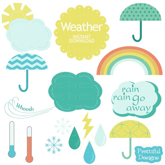 50% Off Sale Weather Clip Art Digital Scrapbooking Hip Colors Umbrellas Rain Drops Rainbow (680)