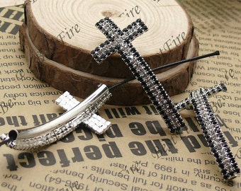 2pcs of 24x54mm silver tone Sideways Cross black and white Rhinestone Connector,Cross Bracelet Connector,bangle findings