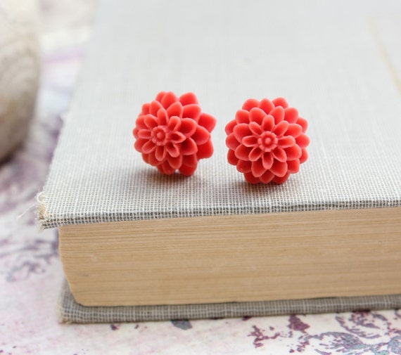 Dahlia Stud Earrings Chrysanthemum Flower Post Earrings Coral
