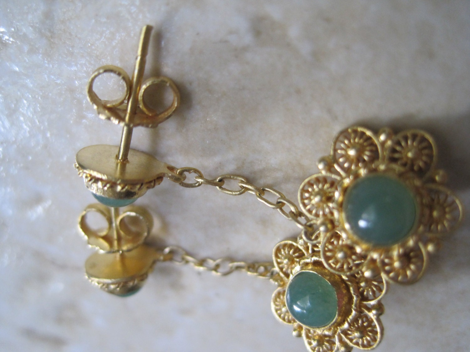Vintage Chinese Earrings Gilt Silver and Jade Post by Anteeka