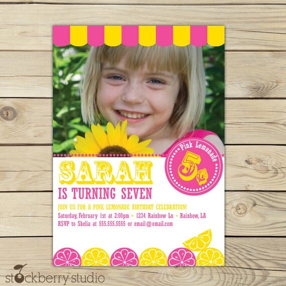 Pink Lemonade Girl Birthday Printable Invitation - Yellow & Hot Pink Il_570xn