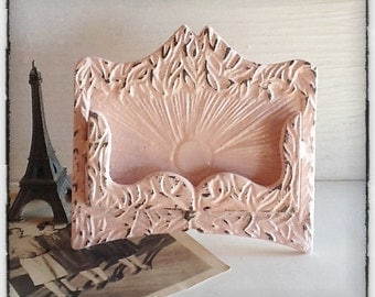 Pink Business Card Holder-Cottage-Bright Cast Iron-Victorian Old Fashioned-Wedding Favor-Light Blushing Pale-Metal Decor-October Home-Office