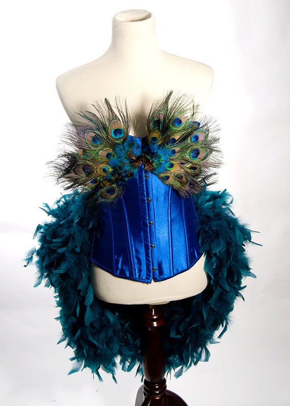 XL Peacock Feather Corset Costume Burlesque Fantasy Fairy