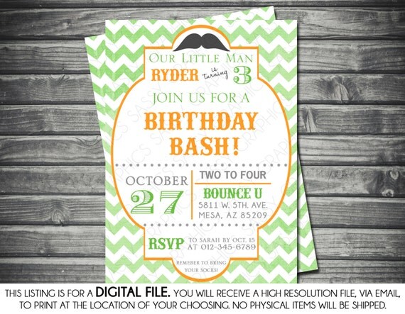 Boy Birthday Invitation - Little Man, Mustache, Green, Orange, Chevron, Printable, Digital Il_570xn