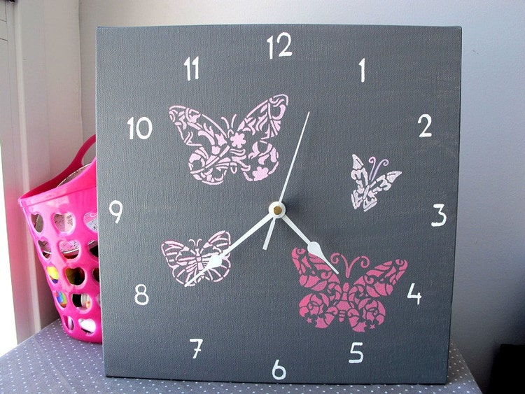 Butterflies Wall clock pink and grey Butterflies by Shellyka