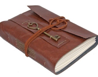 Faux Leather Wrap Journal with Heart Key Charm Bookmark - Choice of 9 colors 2 Paper options -