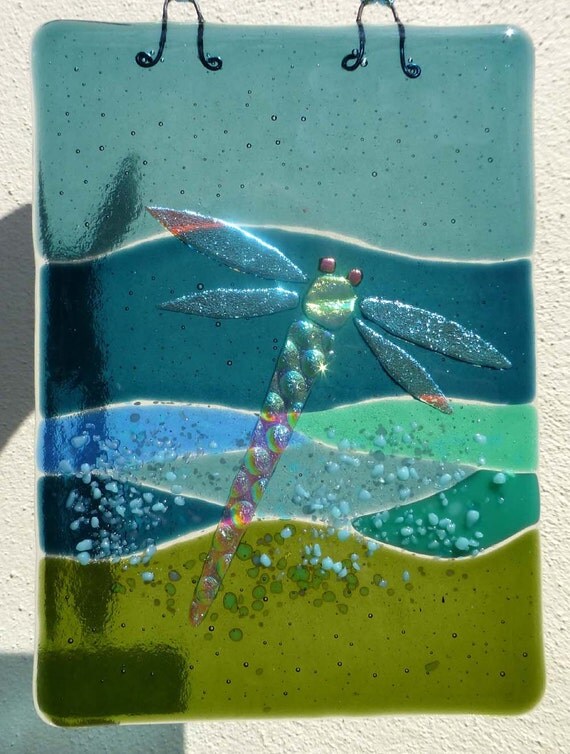 Fused Glass Dragonfly on Pond Hanging Suncatcher panel wall