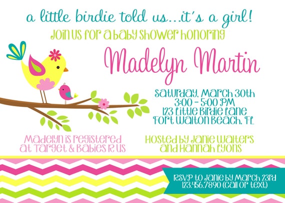 Little Birdie Baby Shower 5x7 Invitation - Girl - PRINTABLE Il_570xn