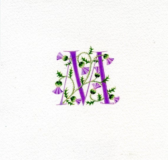 Roman initial letter 'M' in pale purple handpainted