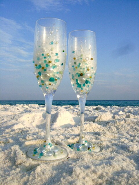 Beach Wedding Toasting Flutes Hand Decorated With Sea Glass