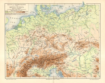 1895 Original Antique Relief Map of Central Europe