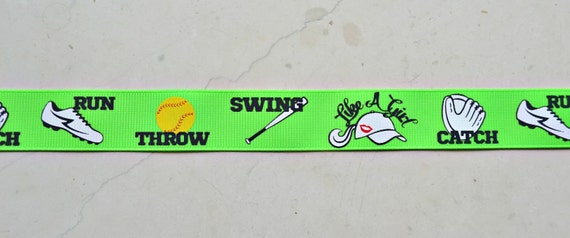Swing like a girl softball on acid green 7/8 inch grosgrain ribbon Il_570xn