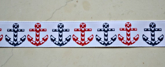 patriotic chevron nautical anchors on white 7/8" grosgrain ribbon- 4th of july Il_570xn