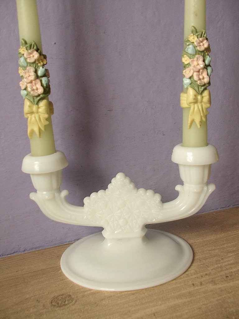 Antique Fenton Glass candlestick holder milk by ShoponSherman
