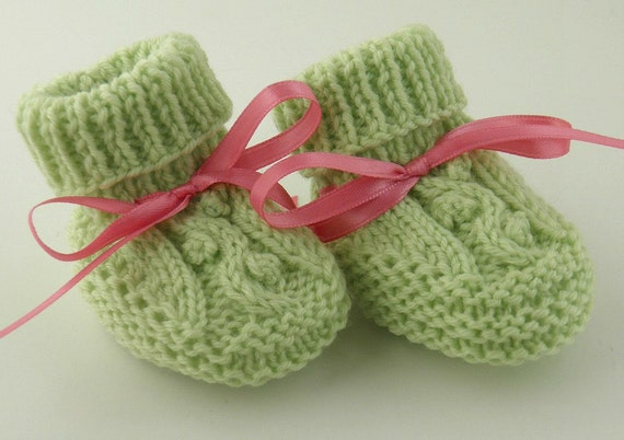 Knit Baby Booties Baby Shower Gift Hand Knit Newborn Baby Shoes Easter Gift Green Cable Design