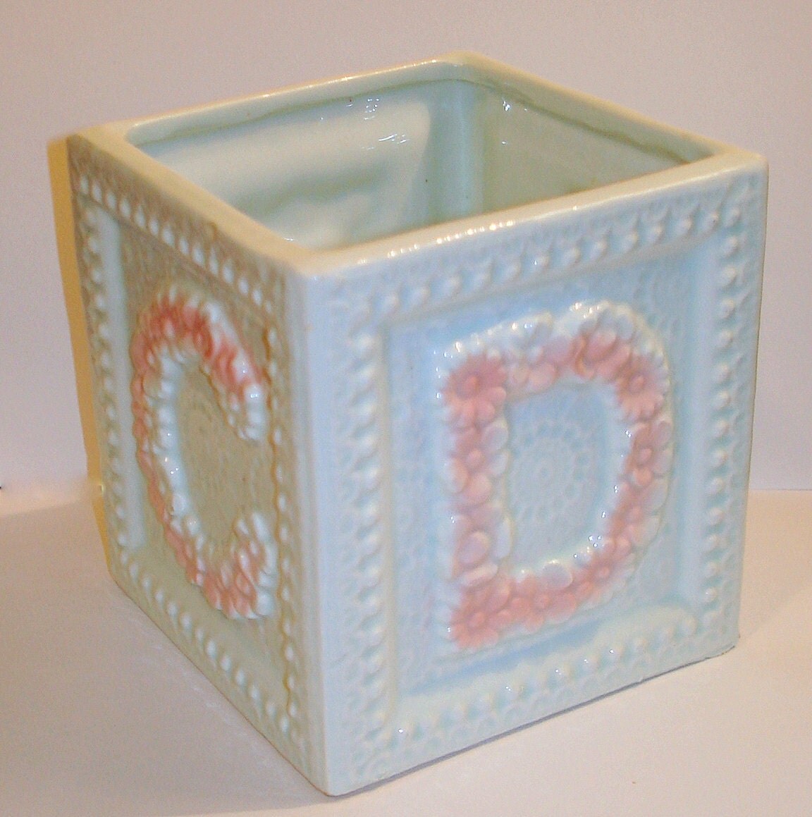 Vintage Ceramic Baby Vase. ABCD Theme. Square with Flower