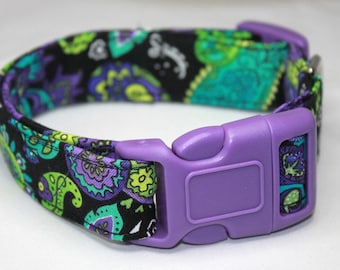 Black, Purple, Lime & Turquoise Paisley Dog Collar Size XS, S, M or L