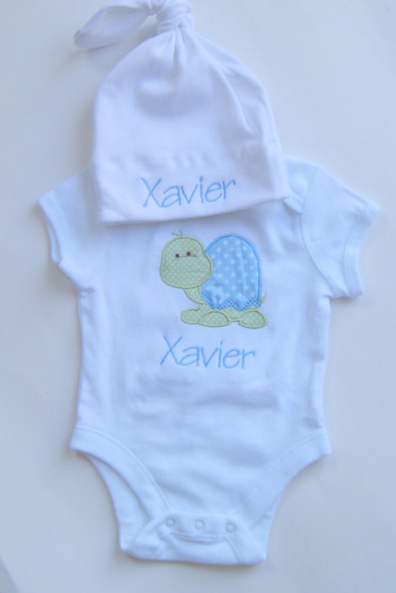 Turtle Personalized Onesie and Tie Top Baby Hat by