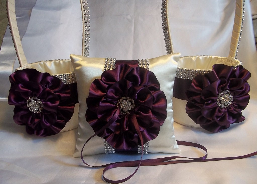 Two Ivory & Eggplant Flower Girl Baskets and matching Ring