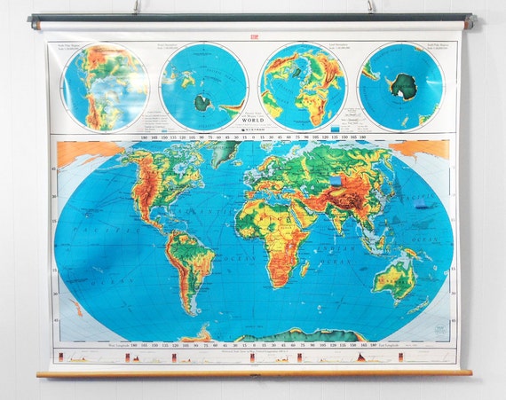 Vintage Pull Down Classroom Map Map Of World