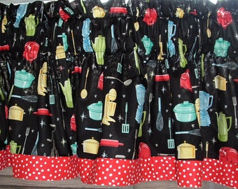 Black Retro Kitchen Valance 40 x 16 appliance utensil Print with Red Dot Banded Hem Border 100% Cotton THE ORIGINAL!