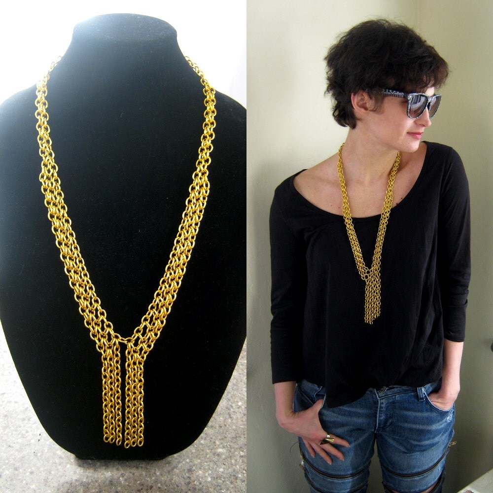 Statement lariat necklace gold tone chunky chainmail tassel